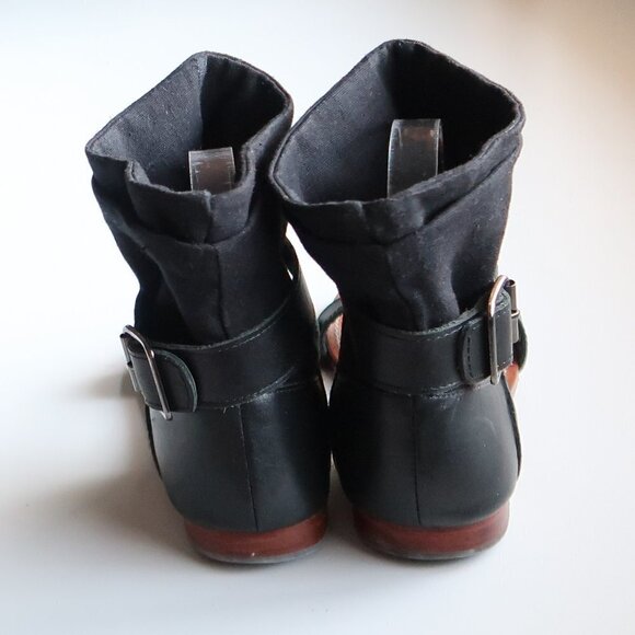 Mellow Yellow Black Leather & Linen Flat Gladiator Sandals Open Toe Summer Shoes - Picture 6 of 16